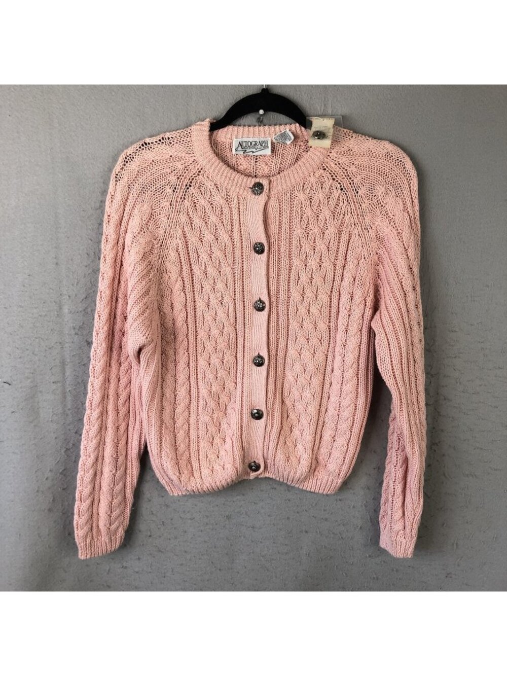 Vintage Pastel Cardigan Sweater Womens S Pink Ramie Cable Knit Fisherman Twee
